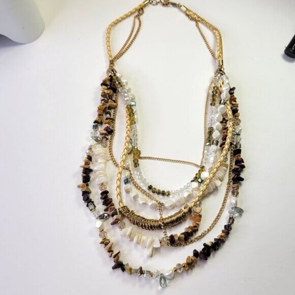 Multistrand Brown and White Bead Necklace Statement Bead Necklace Beach Wedding - Picture 2 of 8